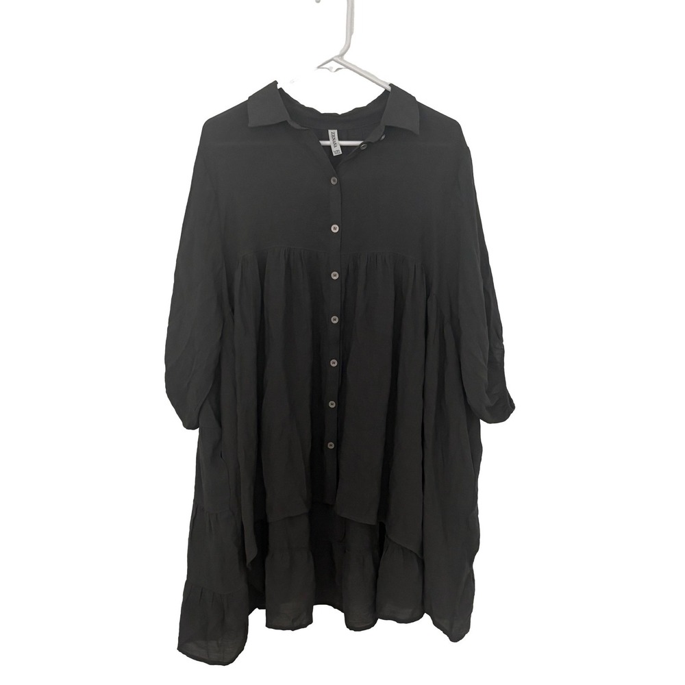 Zenana Charcoal Gray Double Gauze Babydoll Button Front Tunic Dress